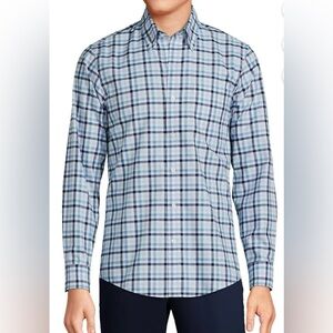 Lands' End Men's No Iron Twill Plaid Button down Shirt XL Cotton Blue Casual